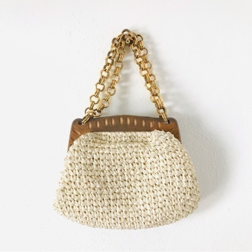 Vintage Morris Moskowitz mm crochet straw wood and gol chain hand bag purse